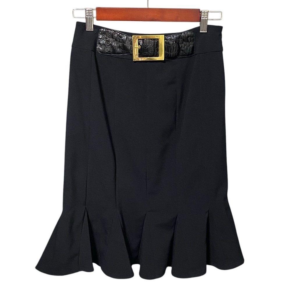 Sunny Leigh Black Flounce Skirt Size 2 Faux Leather Belt Whimsigoth Y2K Retro